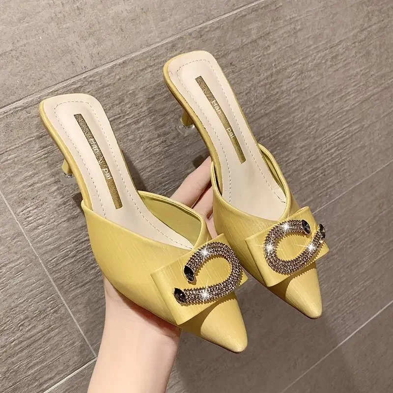 2024 New Women Slippers Mules Pointed Toe Rubber Metal Chains Outsole Slides Footwear Fashion Casual Lady High Heels Zapatillas