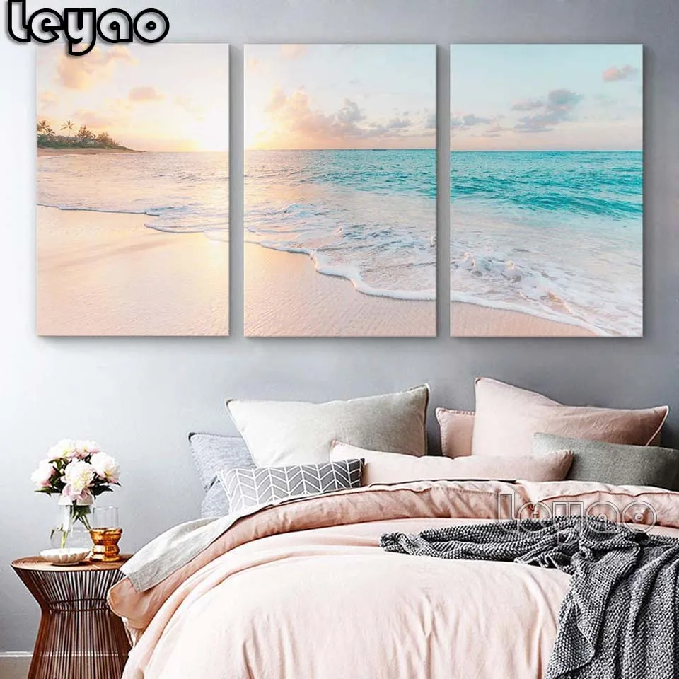 Diamond Painting Full Square/Round Romantic Beach Landscape Diamond Mosaic 3 Pieces 5D DIY Diamond Embroidery Sale Triptych,