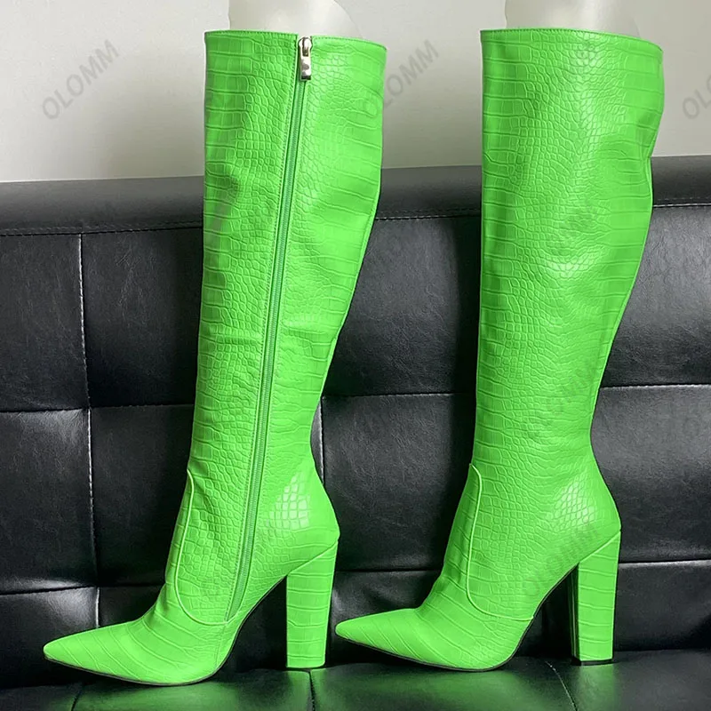 

Olomm/Новые модные женские зимние сапоги до колена на массивном каблуке с острым носком, розовые, белые, черные, оранжевые туфли для вечеринок, размер США 5-15