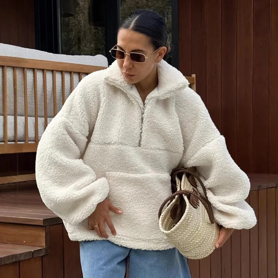 

Lambwoll Autumn Women Sweatshirt Turn Down Collar Hooded Loose Fit Lady Polar Fleece Coat Thickened Windproof Jakcet For Female