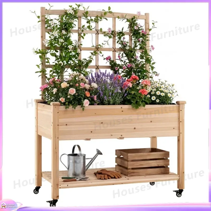 47 Inch Mobile Cedar Planter Box with Lattice and Wheels Elevated Garden Bed for Climbing Plants Outdoor Patio Fence Decor