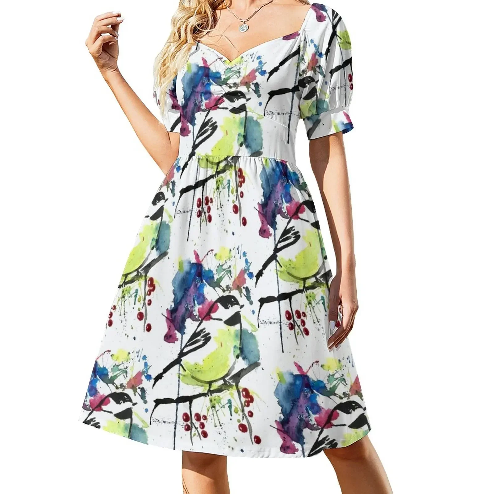 Colorful Ink-Splash Black-Capped Chickadee Short-Sleeved Dress summer women's suit women's evening dresses