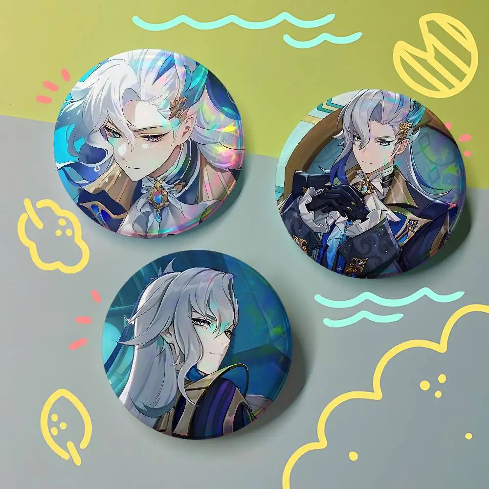 G-Genshin Neuvillette For Badge Fashion Laser Holographic Effect Badge Custom Design Metal Lapel Pin Brooch For Backpack Decor