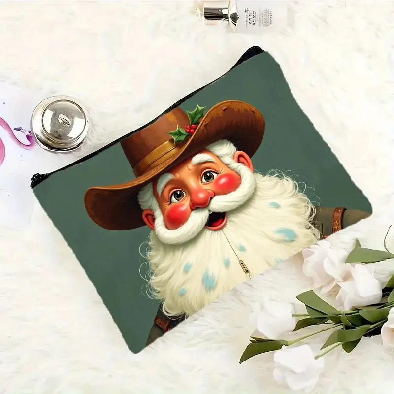 2D Whimsical Cowboy Santa Claus Print Cosmetic Bag with Smooth Zipper Closure Lightweight & Portable Makeup Pouch Festive Decor