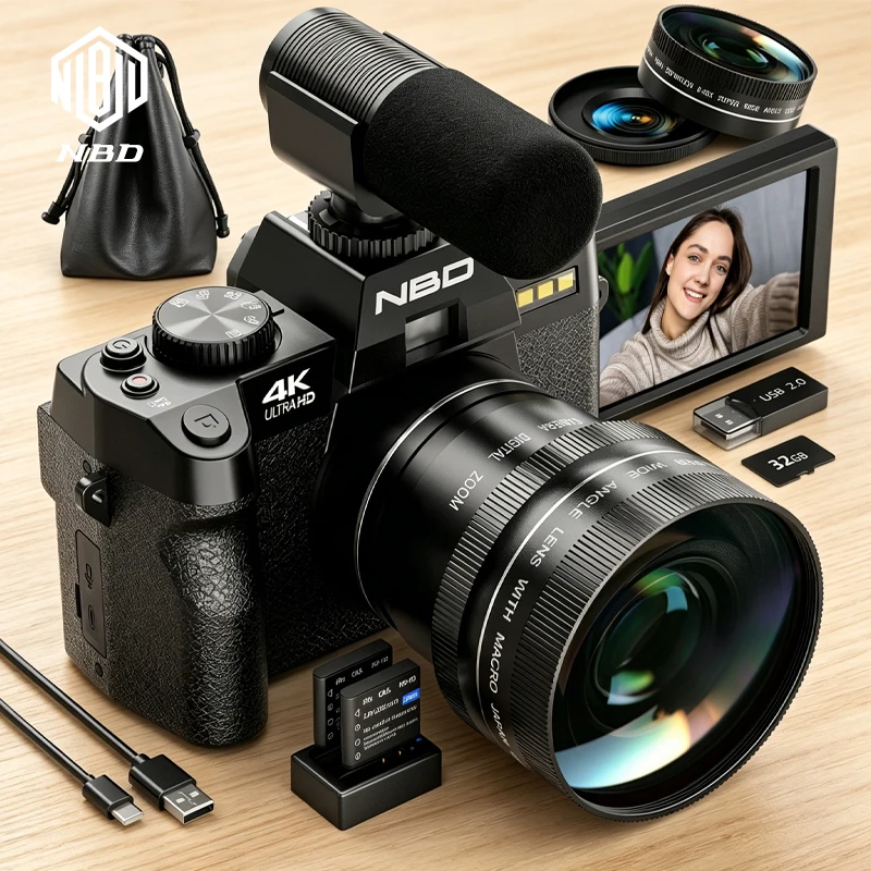 NBD Professionelle Digitalkamera 4K&48MP mit App-Steuerung Kompaktkamera Klappbildschirm Autofokus 16x Zoom Tragbar für Reisefotografie Vlogging YouTube Geschenk