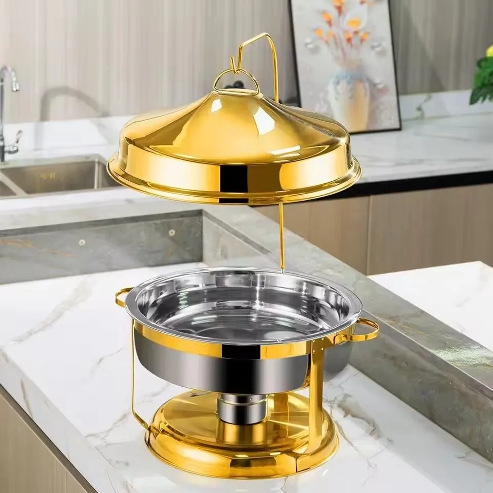 

Hotel Wedding Banquet 4.5L Stainless Steel Food Warmer Gold and Silver Buffet Alcohol Heating Round Chafing Dish