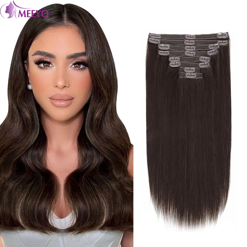 Clip in Hair Extensions Real Human Hair Color #2 Dark Brown Straight Human Hair Clip in Extensions Invisible Seamless For Women