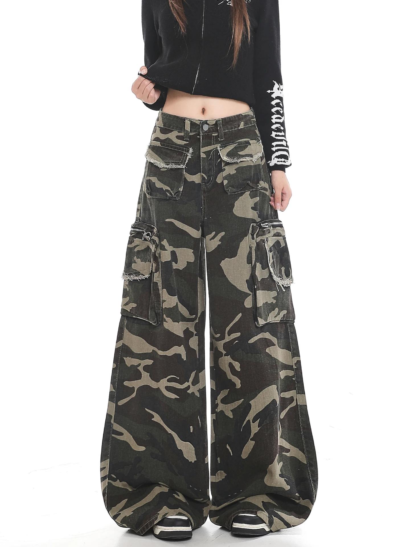 American Style Spicy Girl Camouflage Multi-Pocket Denim Pants High Waist Loose Fit Casual Wide Leg Long Trousers for Women
