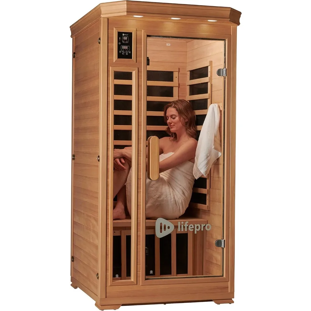 1 Person Far Infrared Sauna for Home - Home Sauna, Tempered Glass Door,Oxygen Ionizer, & 7 Chromotherapy Lights for Indoor Sauna