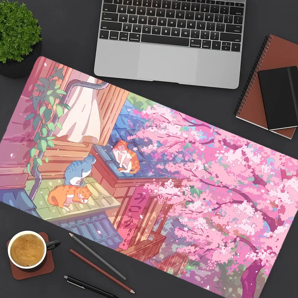 Pink cherry blossom anime cute cat mouse pad, anti-slip rubber base desk pad desk organizers and trays tapis de souris