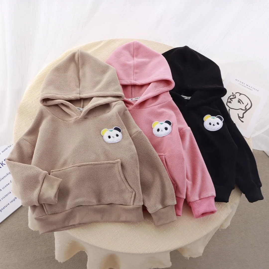 1-9Y الاطفال مزدوجة الصوف الكرتون الباندا هوديي قميص دافئ عادية مقنع البلوز الأطفال أفضل بنين بنات بلوفر شتوي الملابس