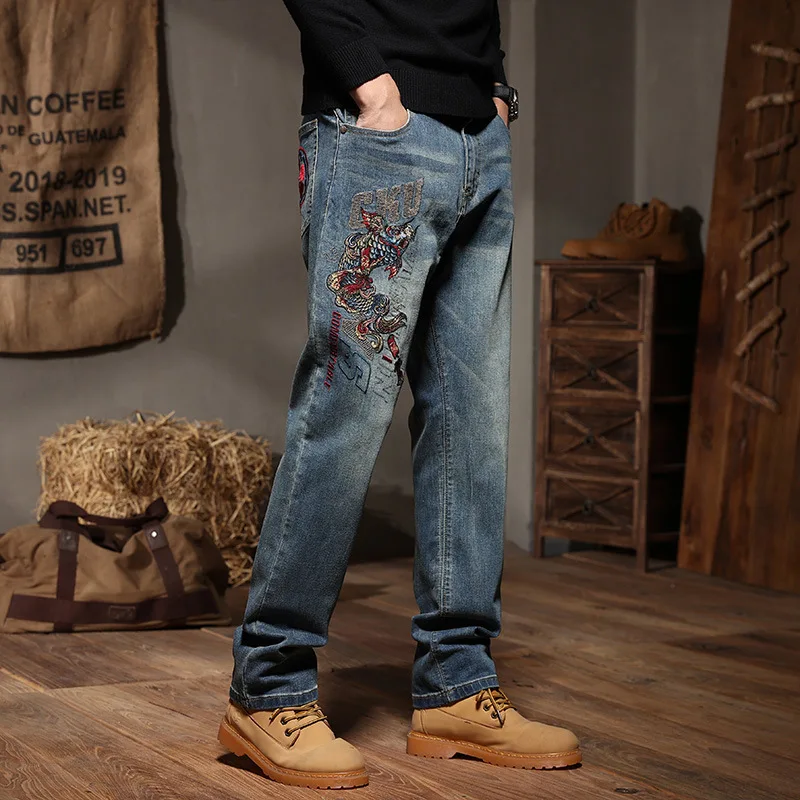 Fashion Style Embroidery Jeans Mens Clothing Straight Leisure Denim Pants Jean Plus Size 42 44  Men's Trousers Bottoms