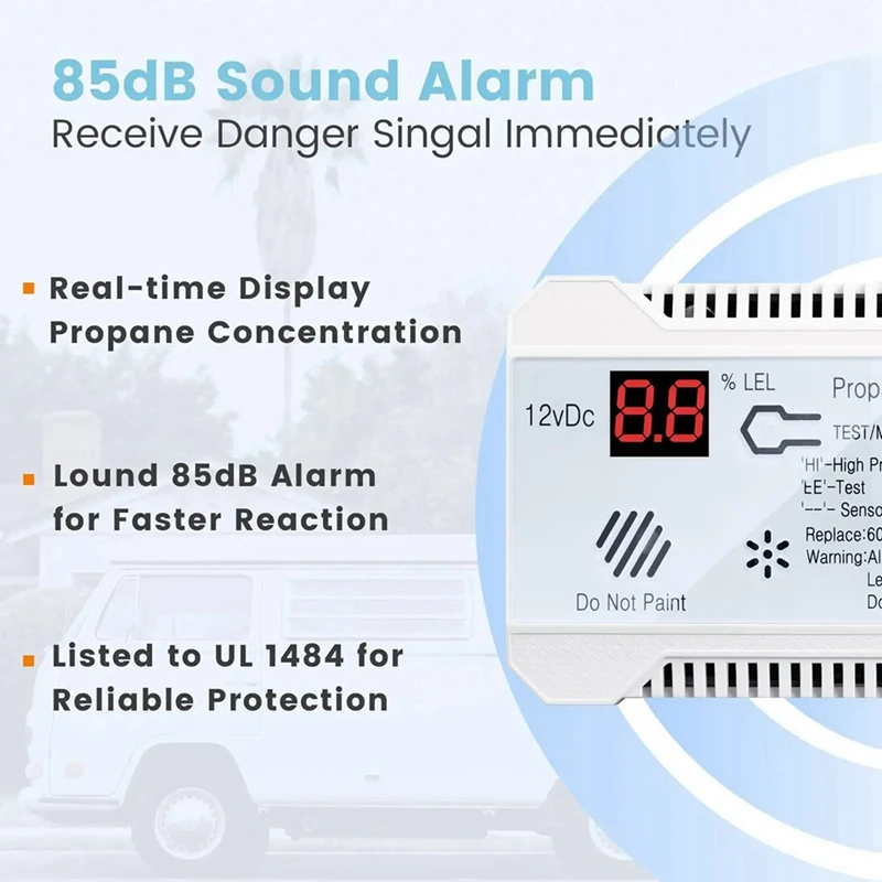 2X Propane Detector 12V LPG Natural Gas Sensor Leak Alarm 85DB Siren For Car RV Home Digital Propane Tester Meter(White)