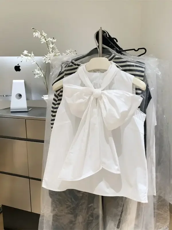 White Blouse For Women 2026 Blusas Mujer Bandage Bow Sleeveless Loose Shirts Fashion Sweet Summer Blouses Tops Female