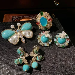 Women Wateri Turquoise Butterfly Pearl Earrings Blue Chalcedony Drop Zirconia Necklace
