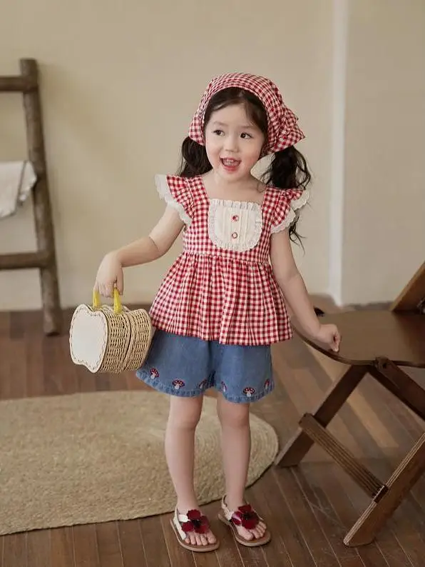 Summer Children Girls Sweet Cotton Cartoon TShirt Embroidery Floral Doll Collar  Dresses Tops Jean Shorts Baby Short Sleeve Sets