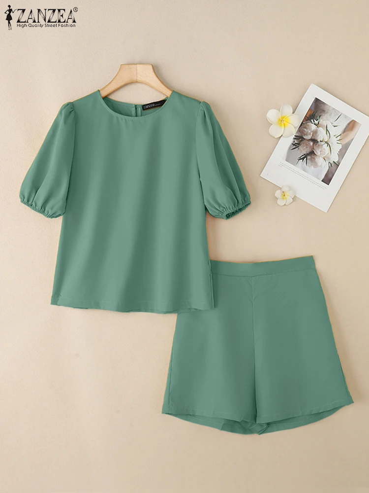 

ZANZEA Women Elastic Waist Shorts Tracksuits 2025 Summer Elegant Commute Short Puff Sleeve Tops 2PCS Outfits Solid Short Sets