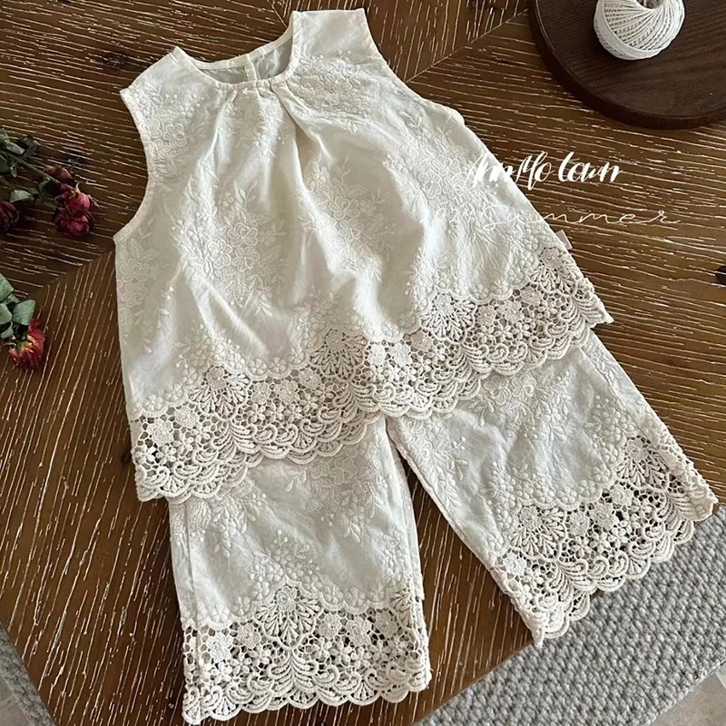 2024 New Summer Korean Style Baby Girls Clothing Set Sleeveless Cotton Embroidered Vest+Shorts Baby Girl Clothes Suit