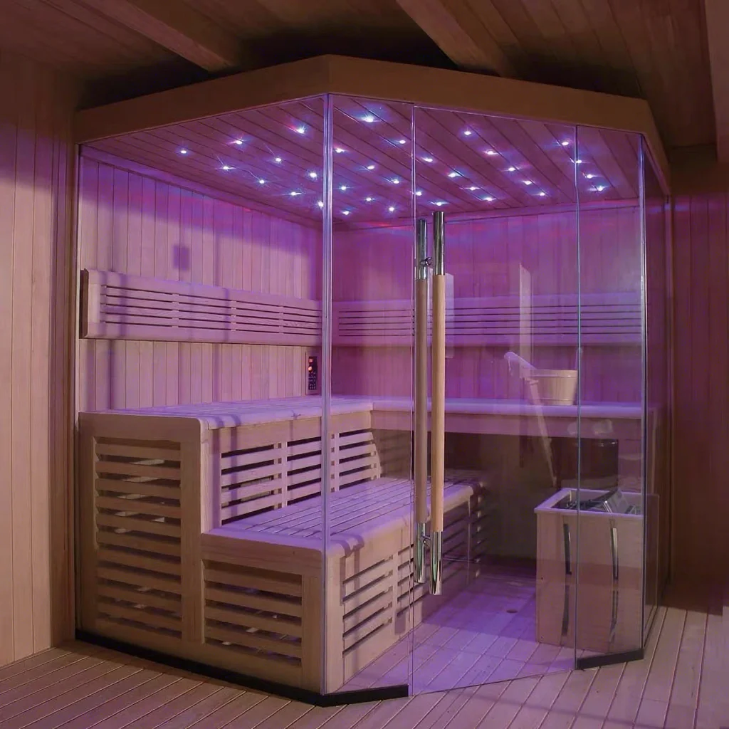 High Quality 2-4 Persons Traditional Sauna Room Indoor Dry Steam Cabin Shower Sauna House With 6KW Heating Stove And LED Lights