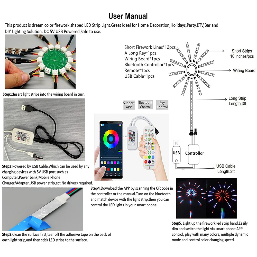 Fireworks LED light bar dream color RGB conversion music sound synchronization Bluetooth fireworks light with remote control USB