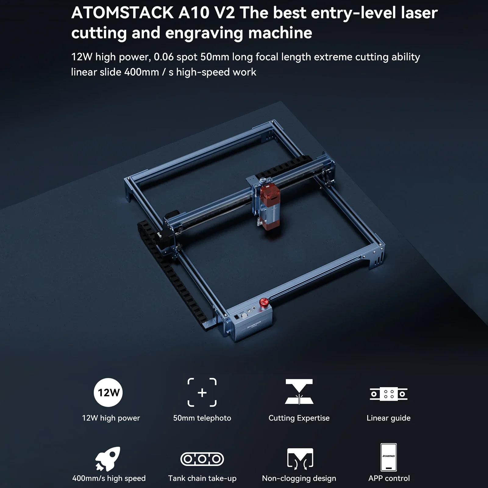 ForAtomstack A10 V2 Laser Engraver 3D Printer 10-12W High Speed Engraving Cutting Machine Fixed-Focus Ultra-thin Laser 400x400mm