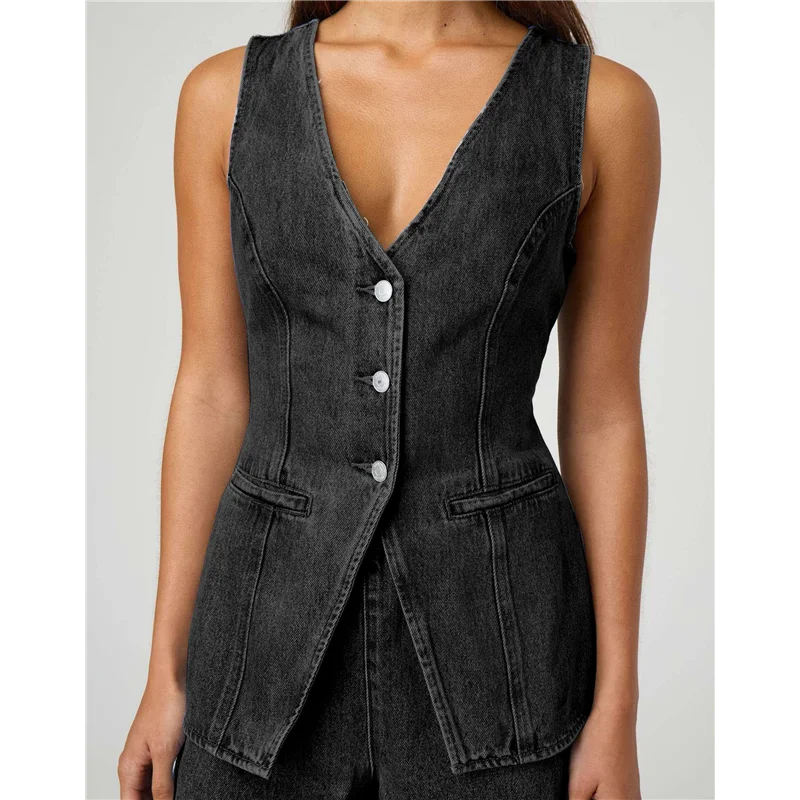 ABRT-طقم نسائي من قماش الدنيم مكون من قطعتين كاجوال بدون أكمام ورقبة على شكل حرف V سترة جينز وسراويل قصيرة عالية الخصر ملابس رياضية