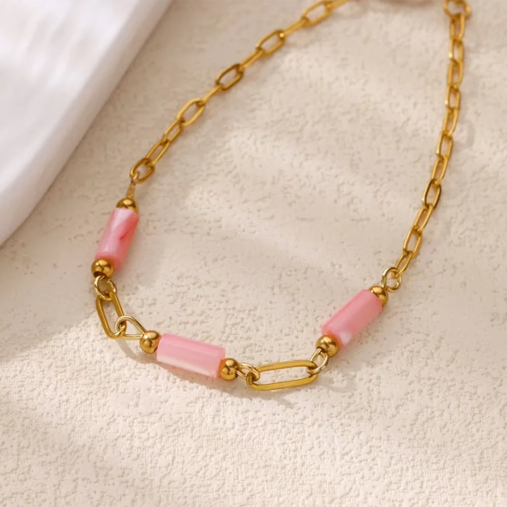 

Stainless Steel Chain Rectangular Cut Color Beaded Bracelet For Women Gold Color Summer Waterproof Handmade Jewelry Bracelets