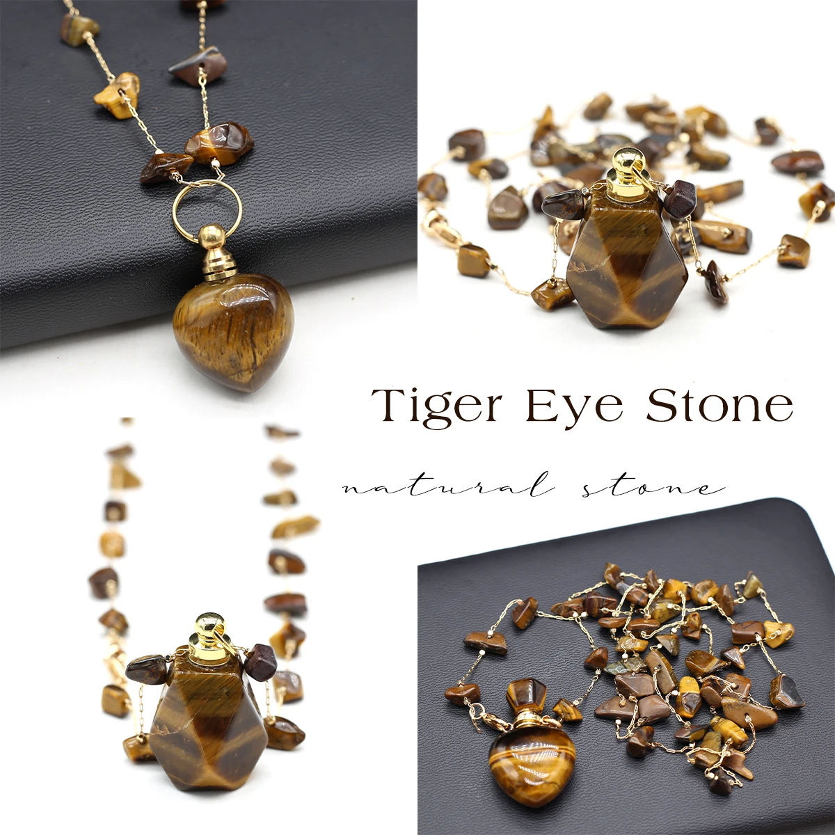 Perfume Bottle Pendant Tiger Eye Stone Necklace Natural Stone Essential Oil Diffuser Gravel Chain Charming Women Girl Daily Gift