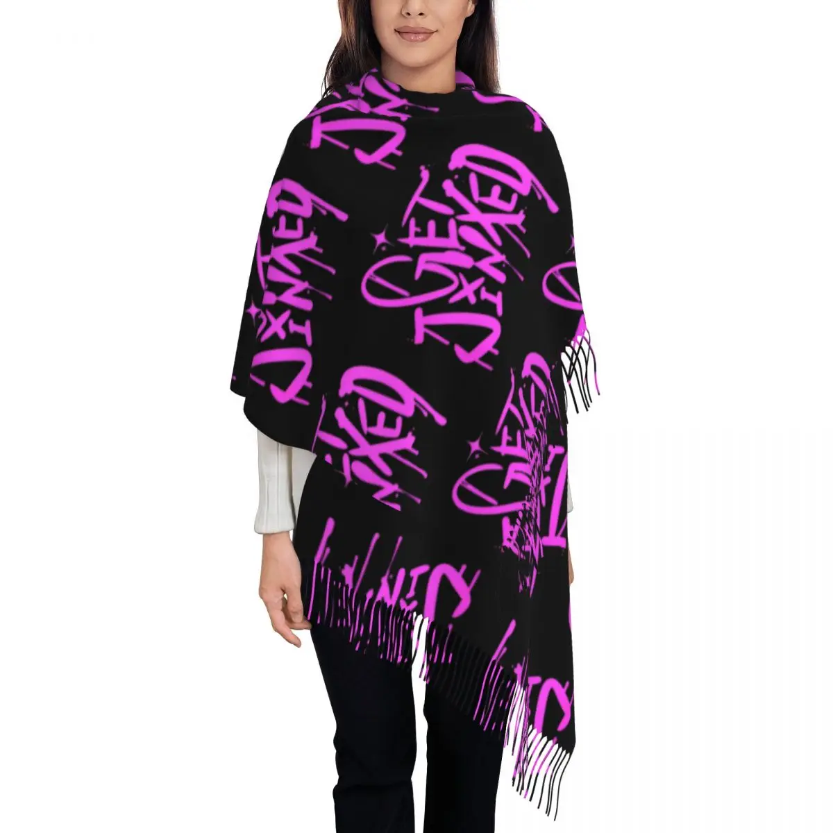 Jinx Get Jinxed Anime Scarf for Women Fall Winter Pashmina Shawls and Wrap Arcane Game Long Scarves with Tassel Ladies