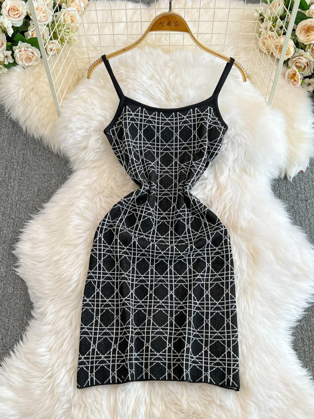 Foamlina 2024 Summer Diamond Pattern Lattice Suspender Dress Girls Slim Show Thin Sleeveless Short Sling Vest Dress