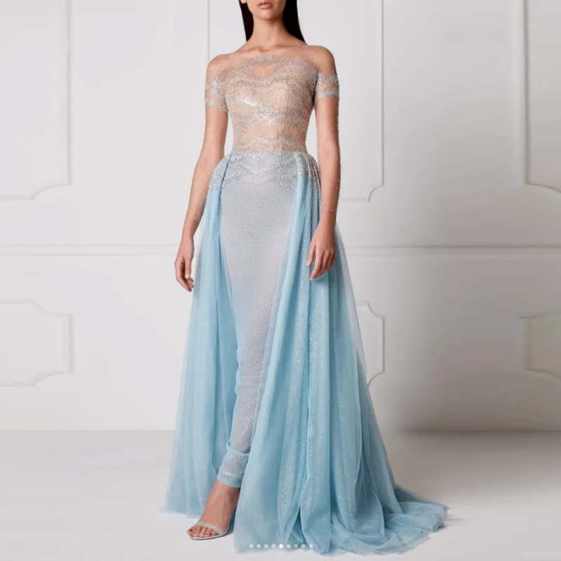 Sexy Sheer Tulle Prom Gowns Lace Beaded Off The Shoulder Gorgeous Special Occasion Formal Dresses Dubai Sky Blue Party Dress