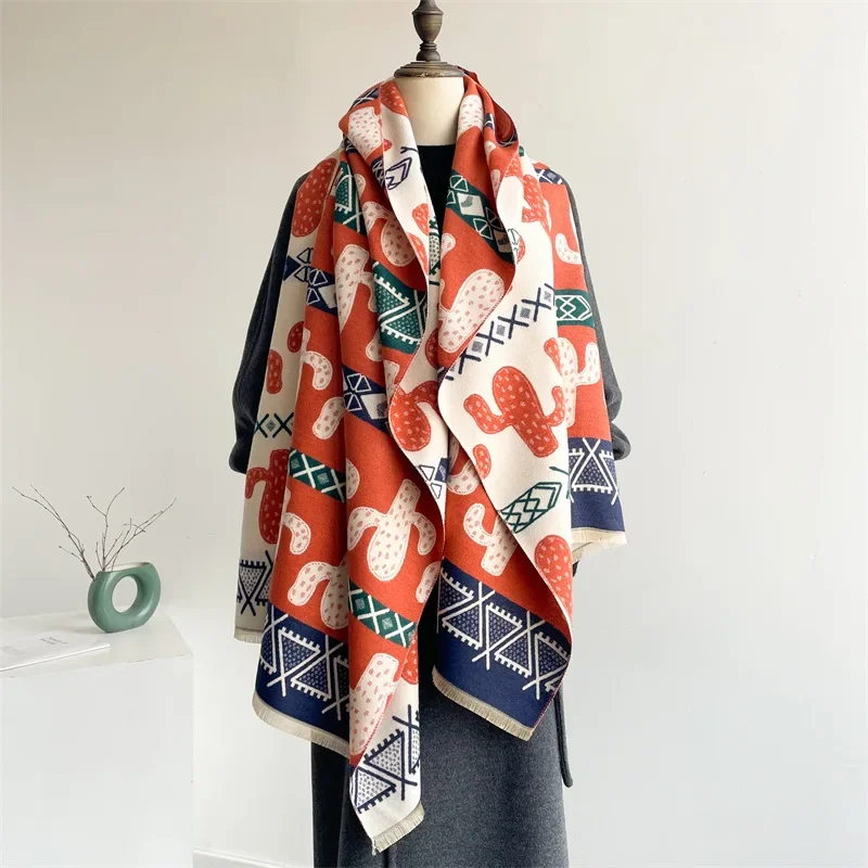 Imitation cashmere scarf women's Nordic style decoration warm dual-purpose double-sided shawl creative printing fringed scarf