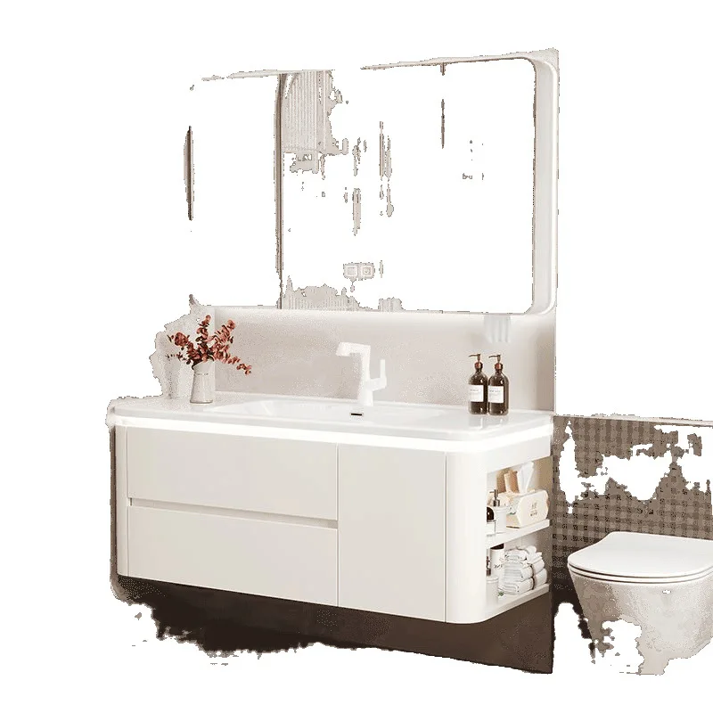 

Кремовый дубовый шкаф для ванной комнаты, боковое хранилище, керамическая встроенная комбинация умывальника, закругленный угловой умывальник, умывальник