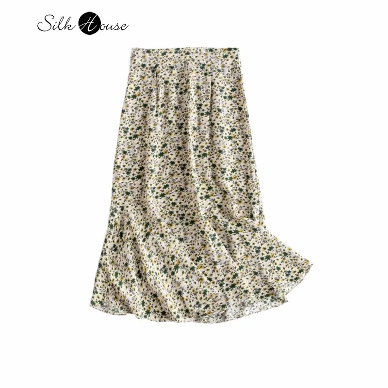 

100% Natural Mulberry Silk 04 Crepe De Chine Small Floral High Waist Texture Women's Casual Style Summer Print Fishtail Skirt