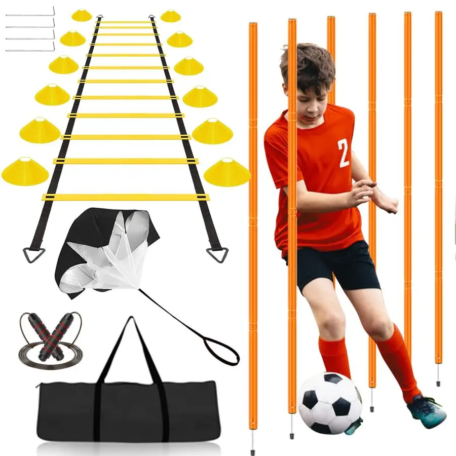معدات تدريب خفة الحركة أمبير سلم خفة الحركة بطول 20 قدمًا، 6 أقطاب، 12 مخروطًا لكرة القدم، مظلة مقاومة، حبل القفز، كرة القدم