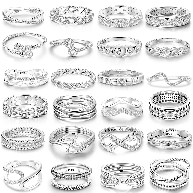 Geometric Women Engagement 925 Silver Rings Curve Star Moon Sparkling Original Wishbone Cross Cat Paw Circle Ring Jewelry Gifts