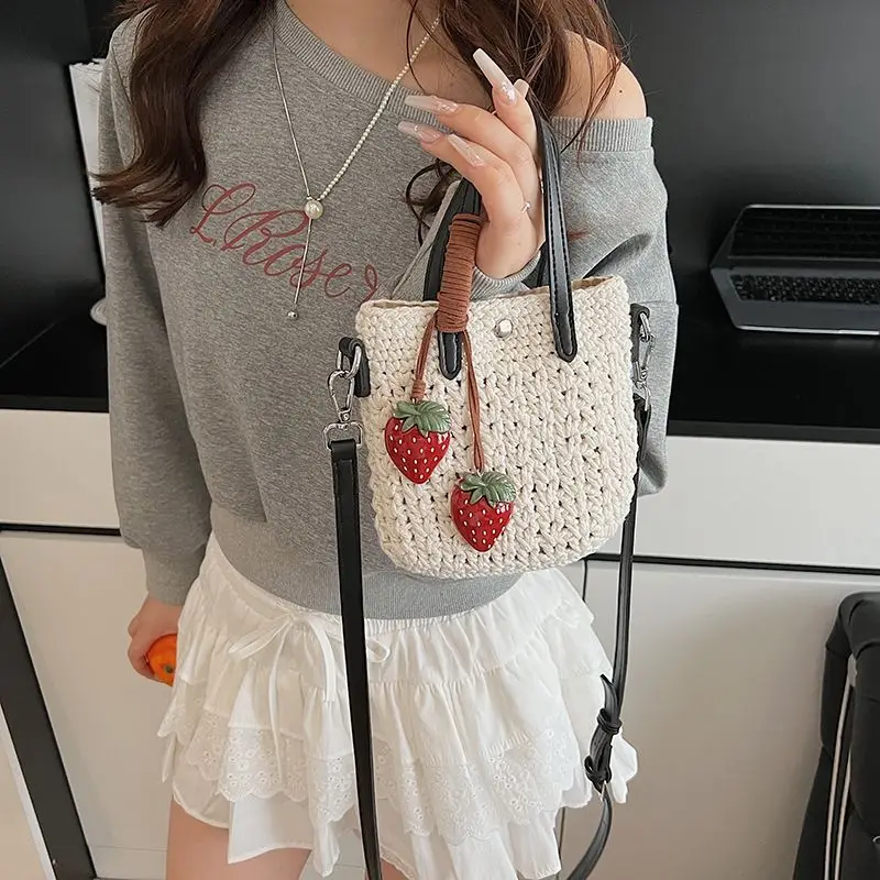 

JIAERDI Korean Sweet Cute Woven Handbag Women Mini Strawberry Charm Shoulder Bags Ladies Casual Everyday Versatile Crossbody Bag