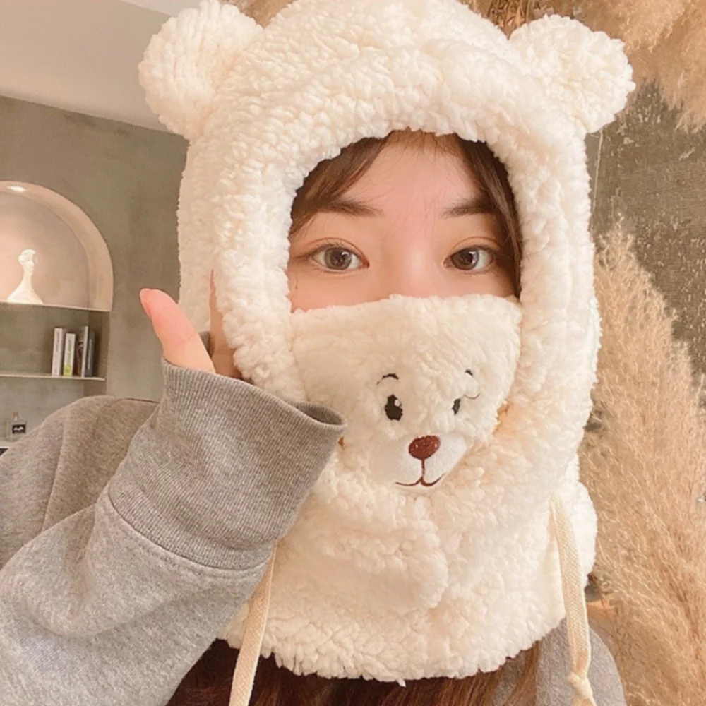 الدب القطيفة قبعة مريحة الشتاء الأذن غطاء رفرف وشاح قناع مجموعة لطيف بيني قبعة لفصل الشتاء التزلج الطقس البارد #2