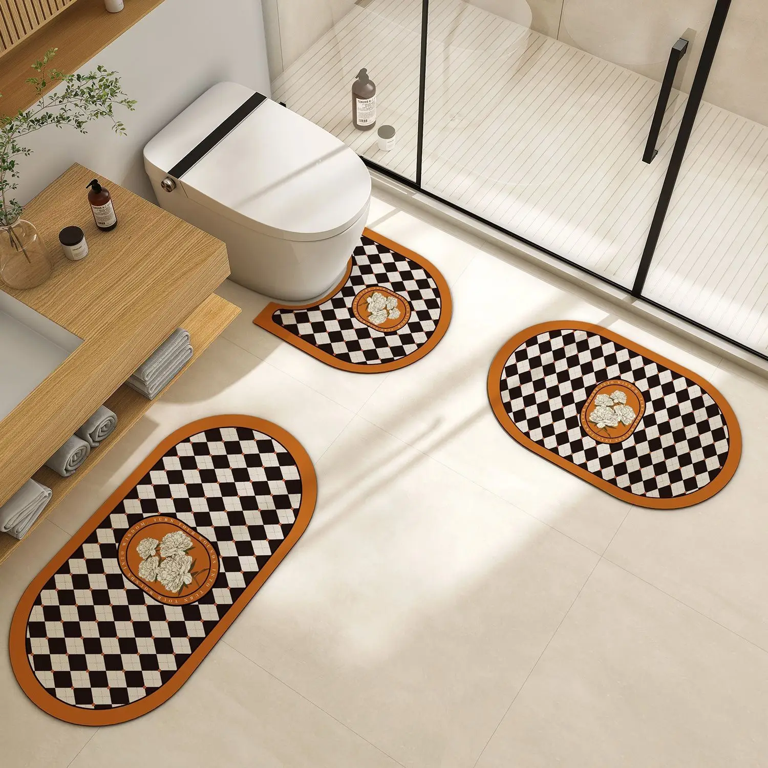VIKAMA Retro Bathroom Diatom Mud Floor Mat Three-Piece U-Shaped Toilet Mat Toilet Absorbent Non-Slip Foot Mat Entrance Door Mat