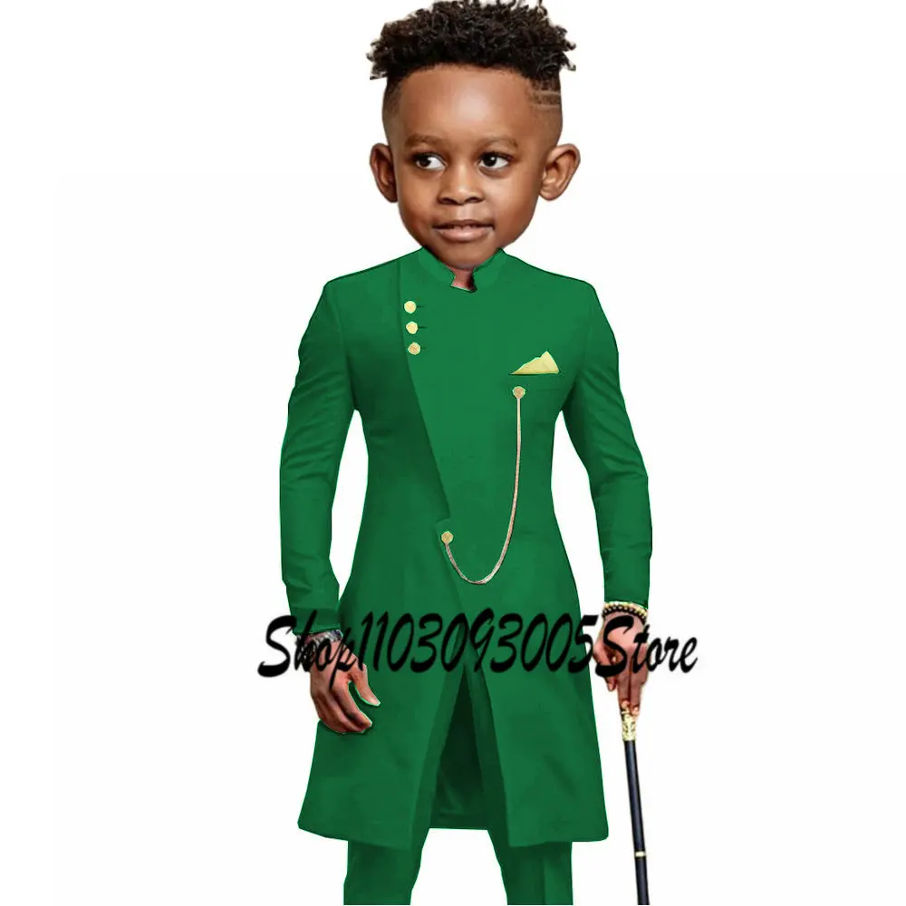 Dark Green Boys Wedding Suit 2 Pieces Indian Style Jacket Pants Long Blazer for Kids 3-16 Years Old Slim Fit Clothes