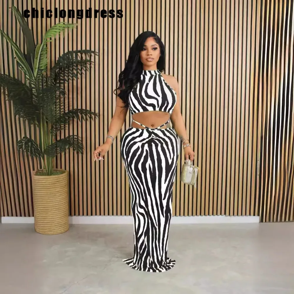 

Women's Zebra Stripe Print Two Piece Set, Sexy Halter Neck Vest, Skirt, Summer Fashion, 2024