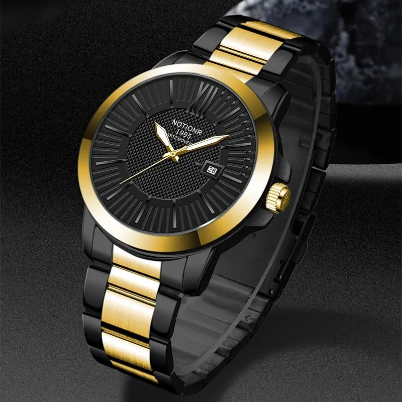 NOTIONR Fashion Mens Gold Stainless Steel Watches Luxury Quartz Wrist Watch Men Business Casual Calendar Watch Luminous Clock