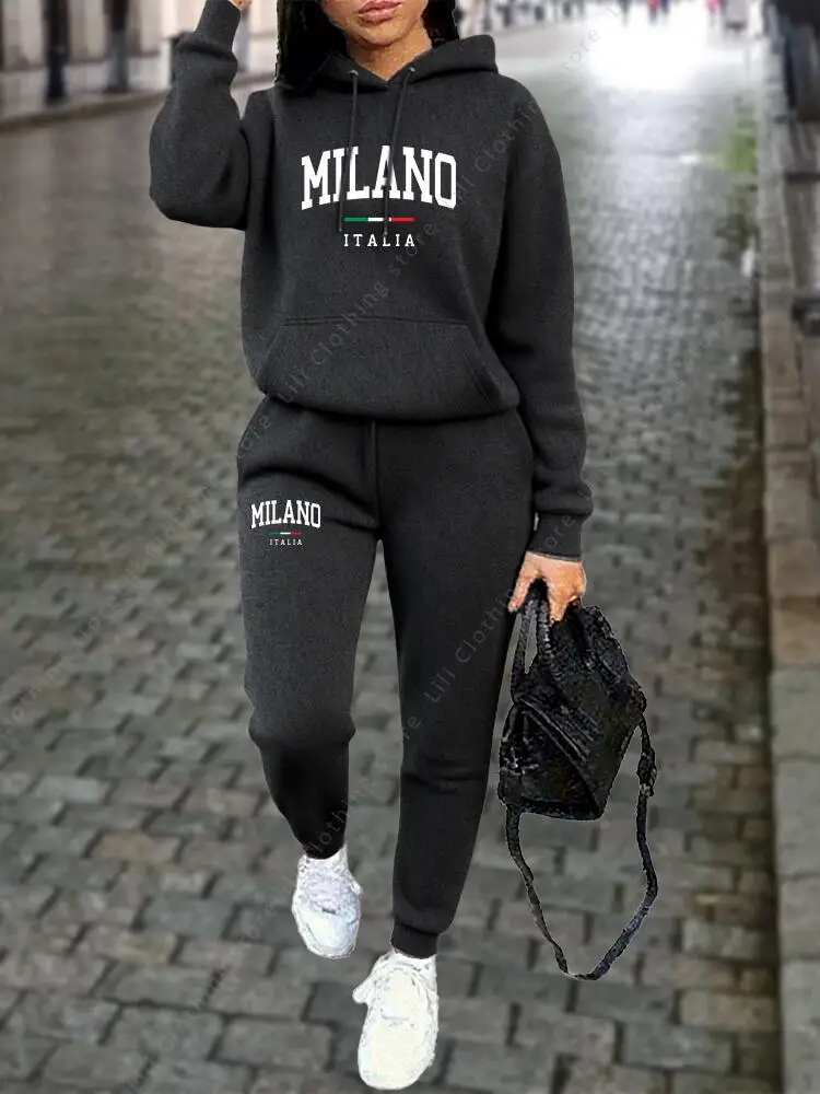 MILANO Hosen-Sets für Damen, hochwertige Sweatshirt-Sweatpants-Kapuzenjacke, 2-teiliges Herbst-Winter-Outfit, Damen-Trainingsanzug – Detail 11