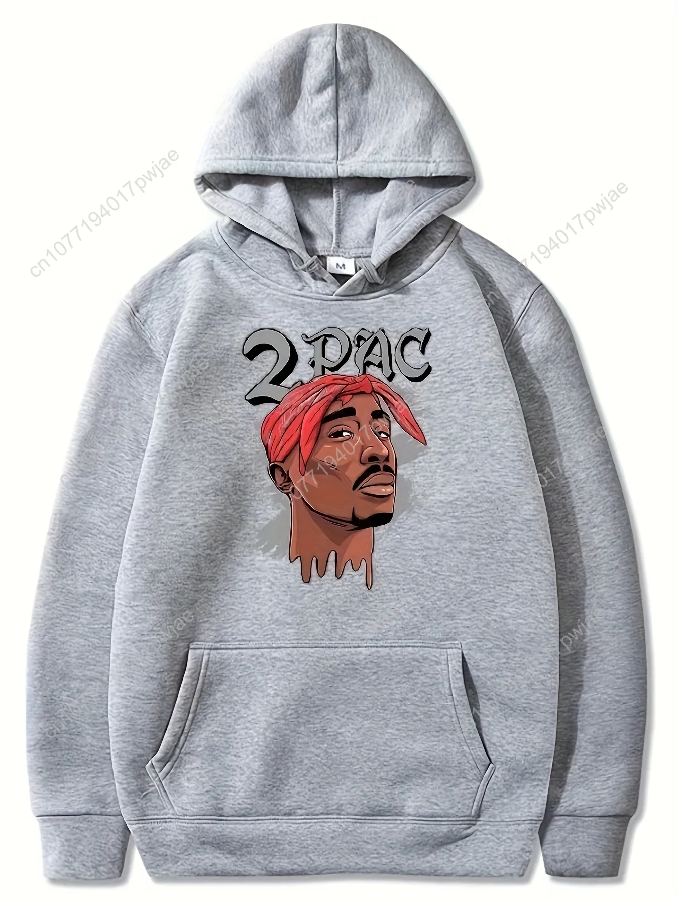 هوديي برسومات 2PAC - طباعة "2PAC" مع تصميم حبر نازف، سويت شيرت رجالي بأكمام طويلة باللون الرمادي الفاتح، ملابس شارع كاجوال مع Kan