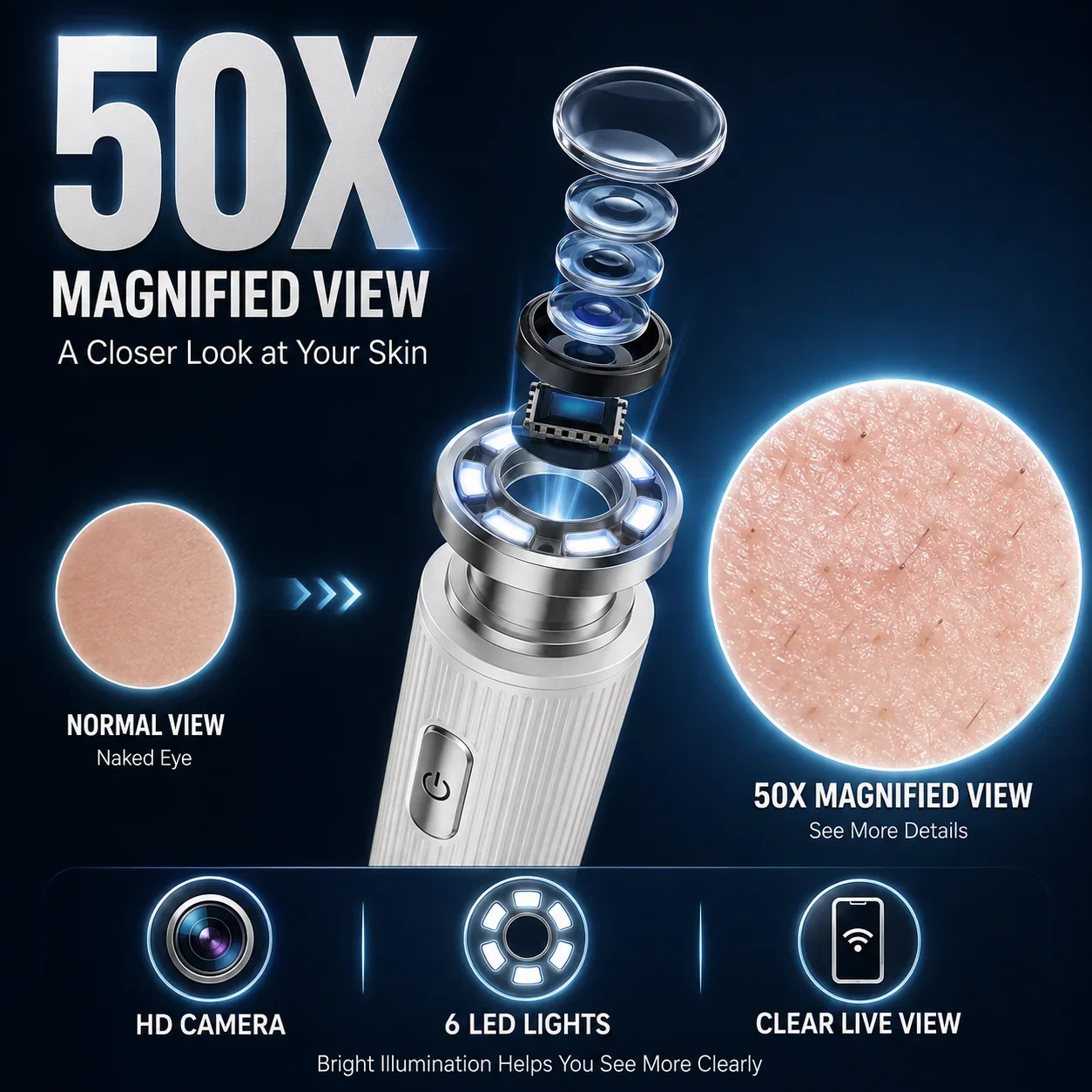 WiFi Visual Blackhead Remover Pen 50X Magnification Skin Camera with LED Light Pore Cleaning Beauty Tool for Facial Skin Care
