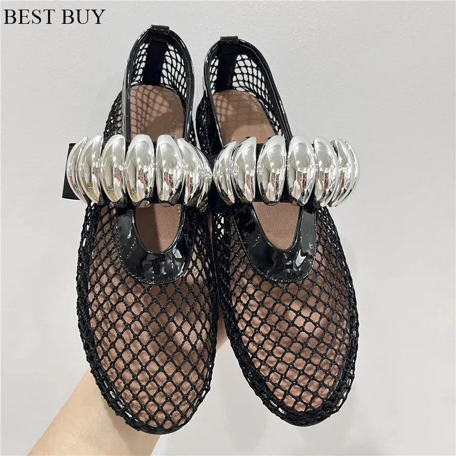 Bailarinas de malla para mujer, zapatos planos cómodos para bailar, mocasines para caminar, alpargatas Mary Janes con banda elástica, color negro, novedad de 2024