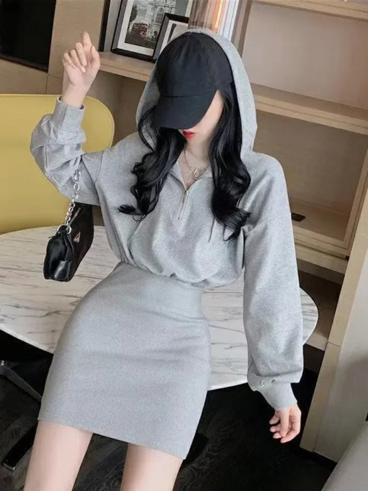 Korean Style Hooded Dress Women Kpop Bodycon School Sport Black Zip Mini Short Dresses Casual 2023 Autumn Old Money