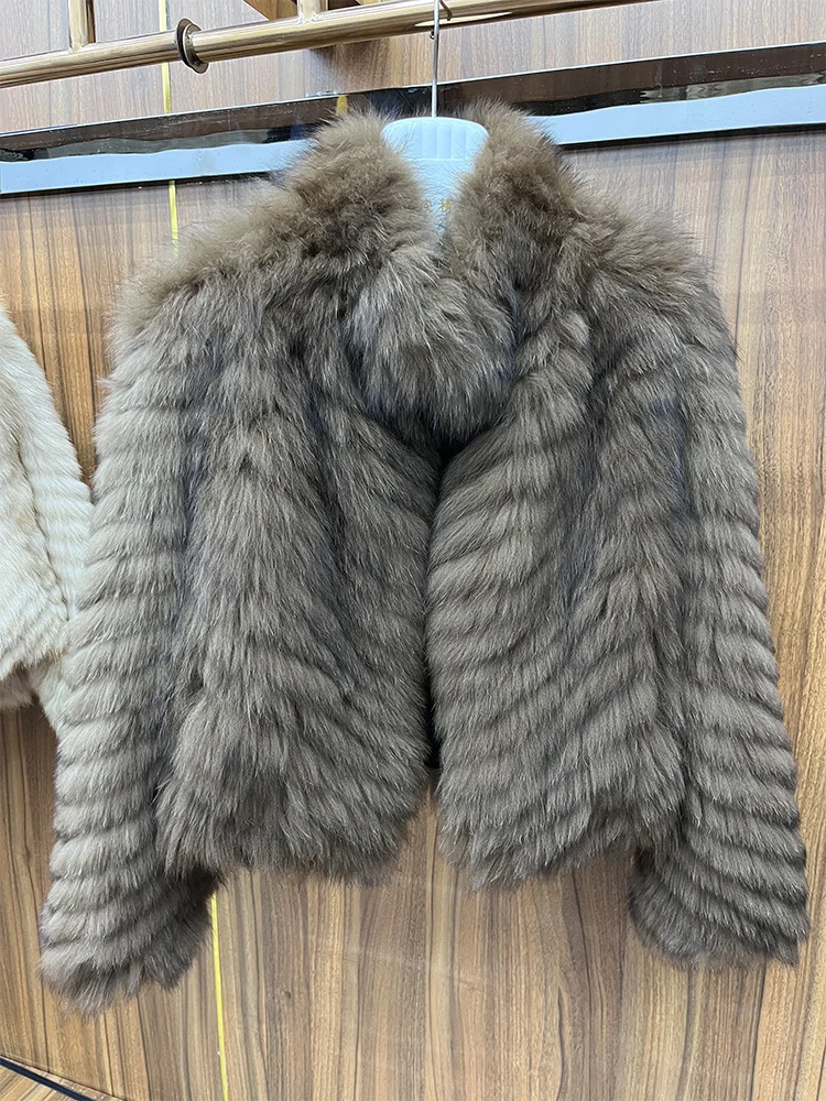 New Fashion Winter Women Real Natural Fox Fur Strip Sewed Toghter Coat Thick Warm Luxury Outerwear Jackets