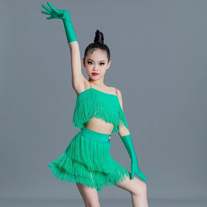 Vêtements de danse latine pour enfants, haut vert à franges, jupe de scène, costume de performance, vêtements de danse pour filles, SL8459