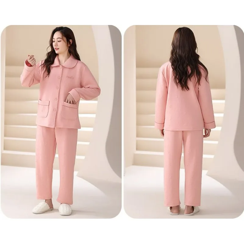 Women Pajamas Autumn Winter Female Cotton Long-Sleeved Casual Large Size Homewear Suit Air Cotton Sandwich Solid Color Sleepwear